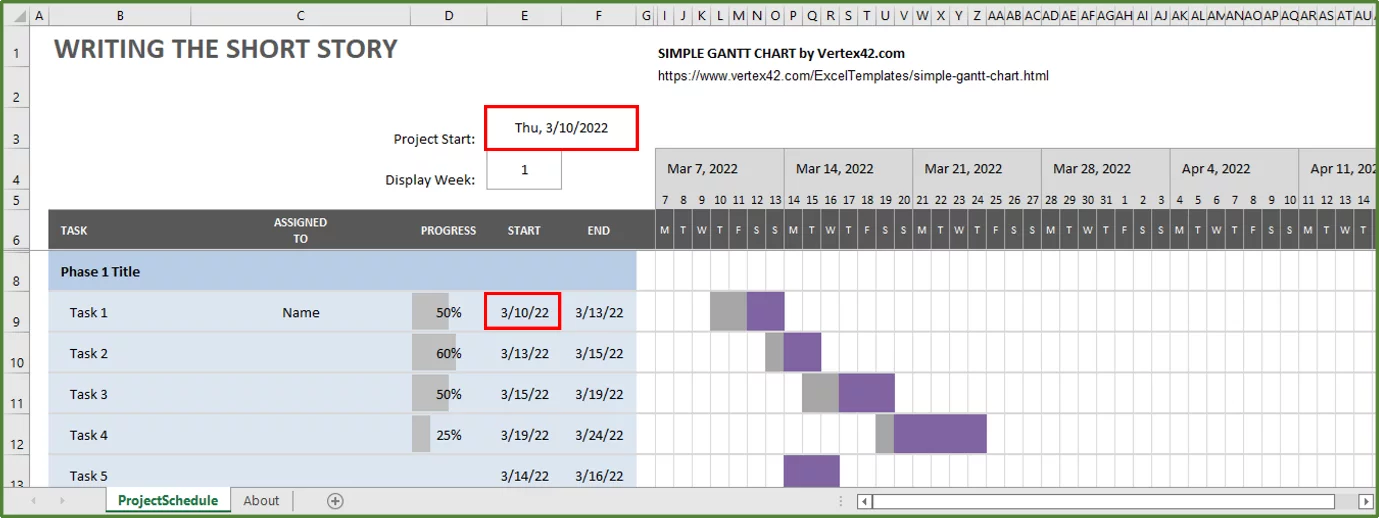 Screenshot highlighting the new start date and the value updating in cell E9 due to the formula.