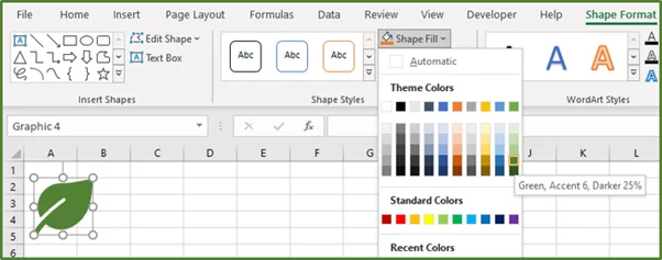 Screenshot showing the Green, Accent 6, Darker 25% fill chosen.