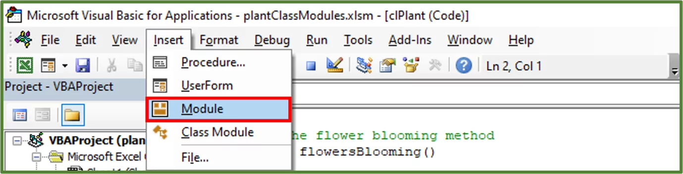 Screenshot showing the Module option on the Insert Tab highlighted.