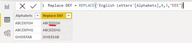 the Replace formula in the formula bar and the result.