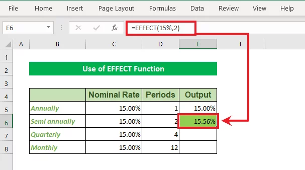 Semi-annual compounding interest calculated by Excel