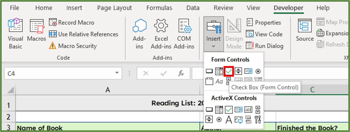 Screenshot showing the Check Box Form Control.