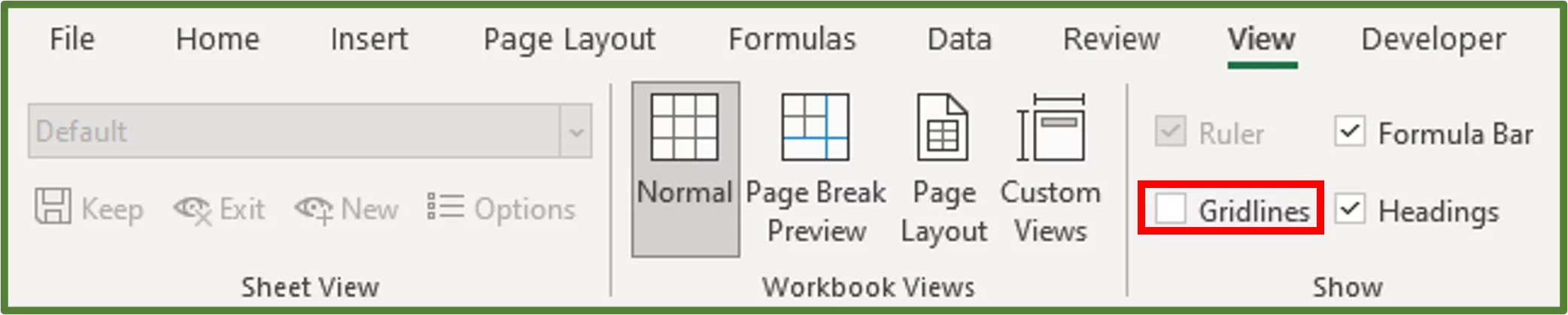 Screenshot showing the Gridlines option unchecked.