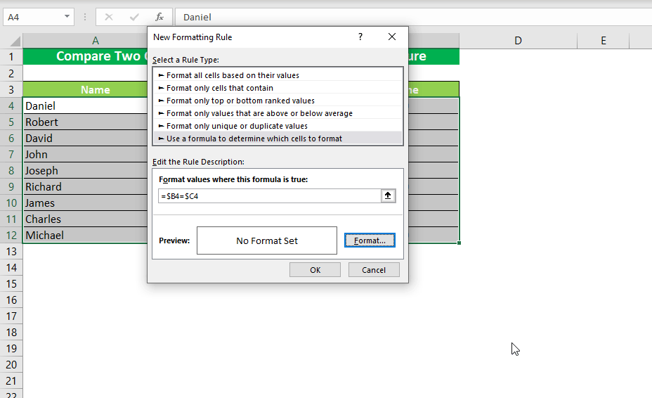Formatting the cells you want to compare