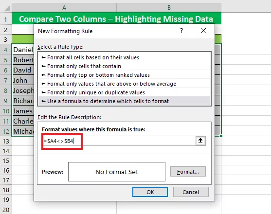 Input the formula to find the mismatched data