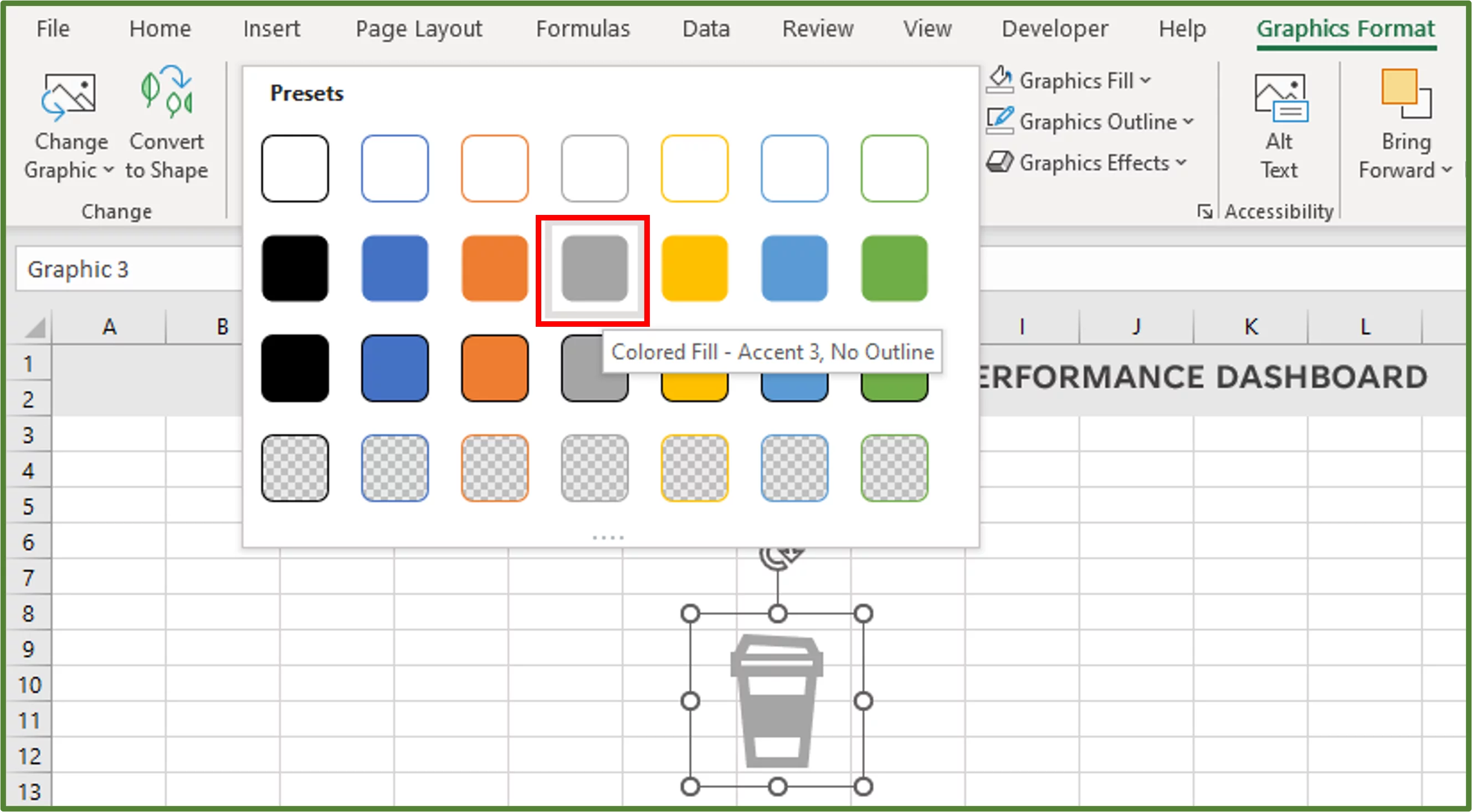 Screenshot showing the Colored Fill – Accent 3, No Outline Preset option highlighted.