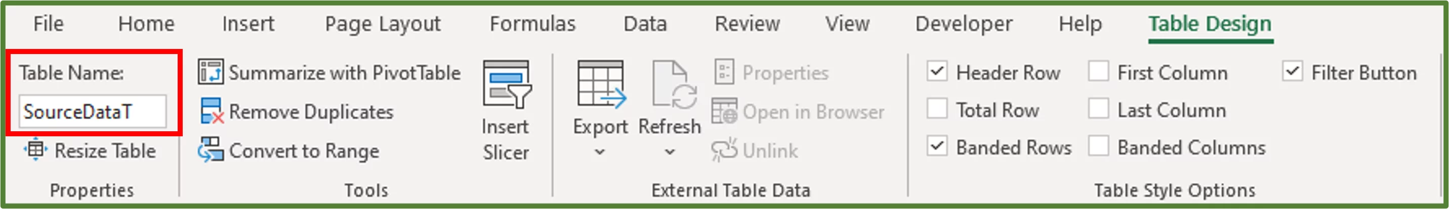 Screenshot showing the Table Name in the Properties Group, highlighted.