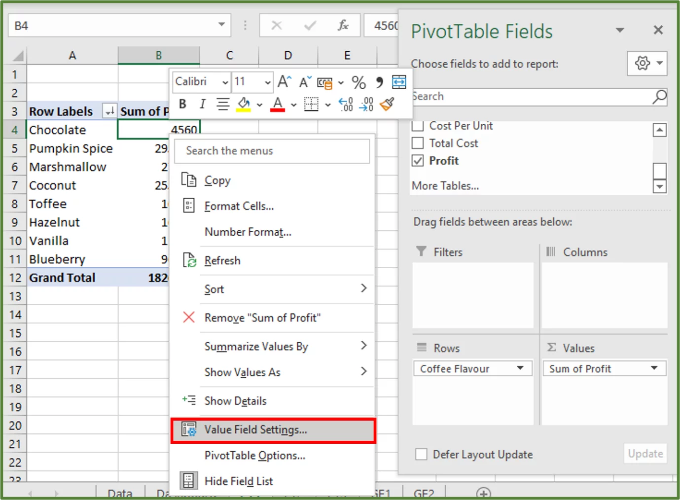 Screenshot showing the Value Field Settings...