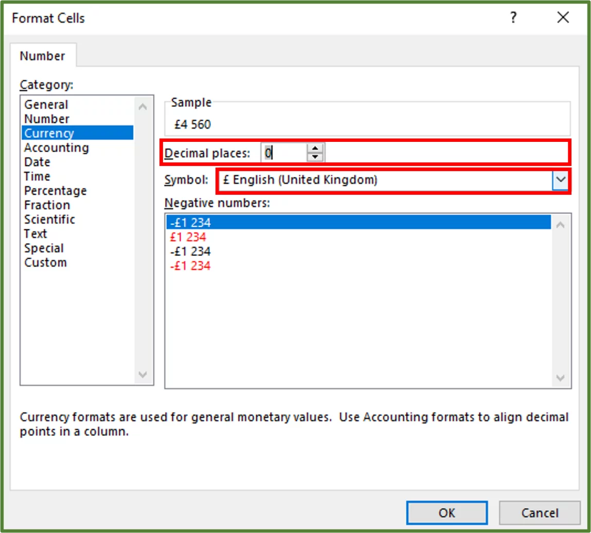 Screenshot showing the Format Cells Dialog Box.