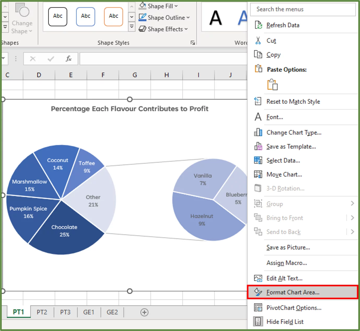 Screenshot showing the Format Chart Area...option highlighted.