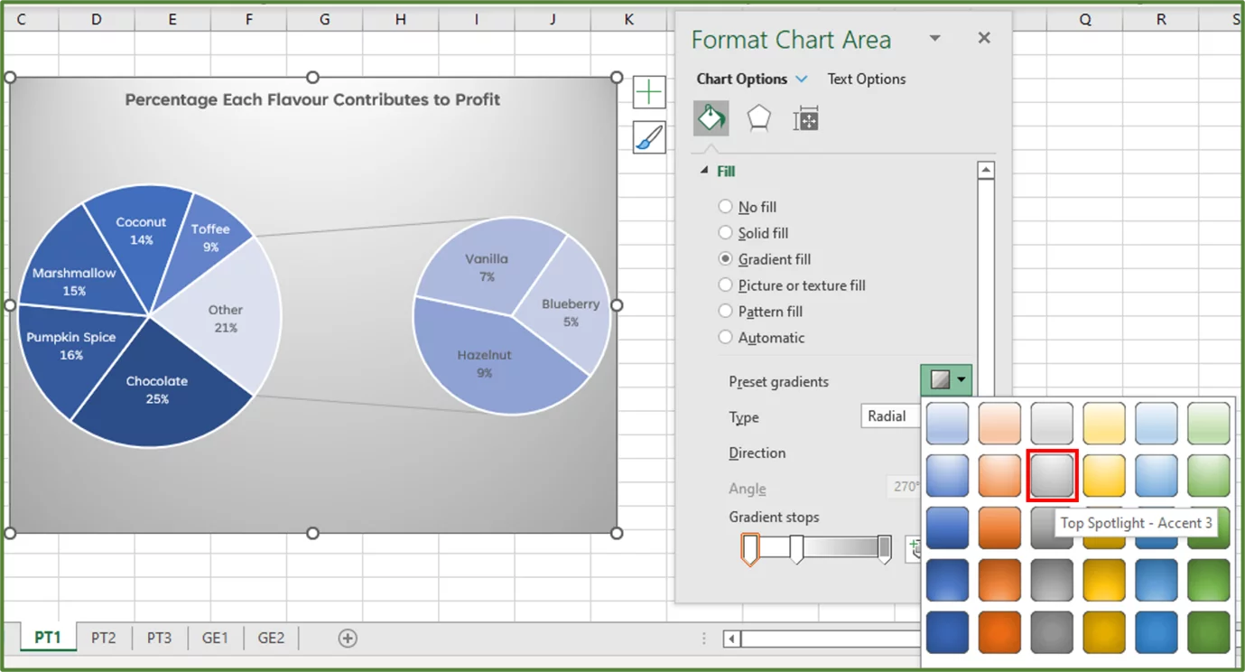 Screenshot showing the Top Spotlight – Accent 3 option highlighted.
