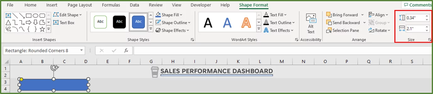 Screenshot showing the dimensions of the Rounded Rectangle highlighted.