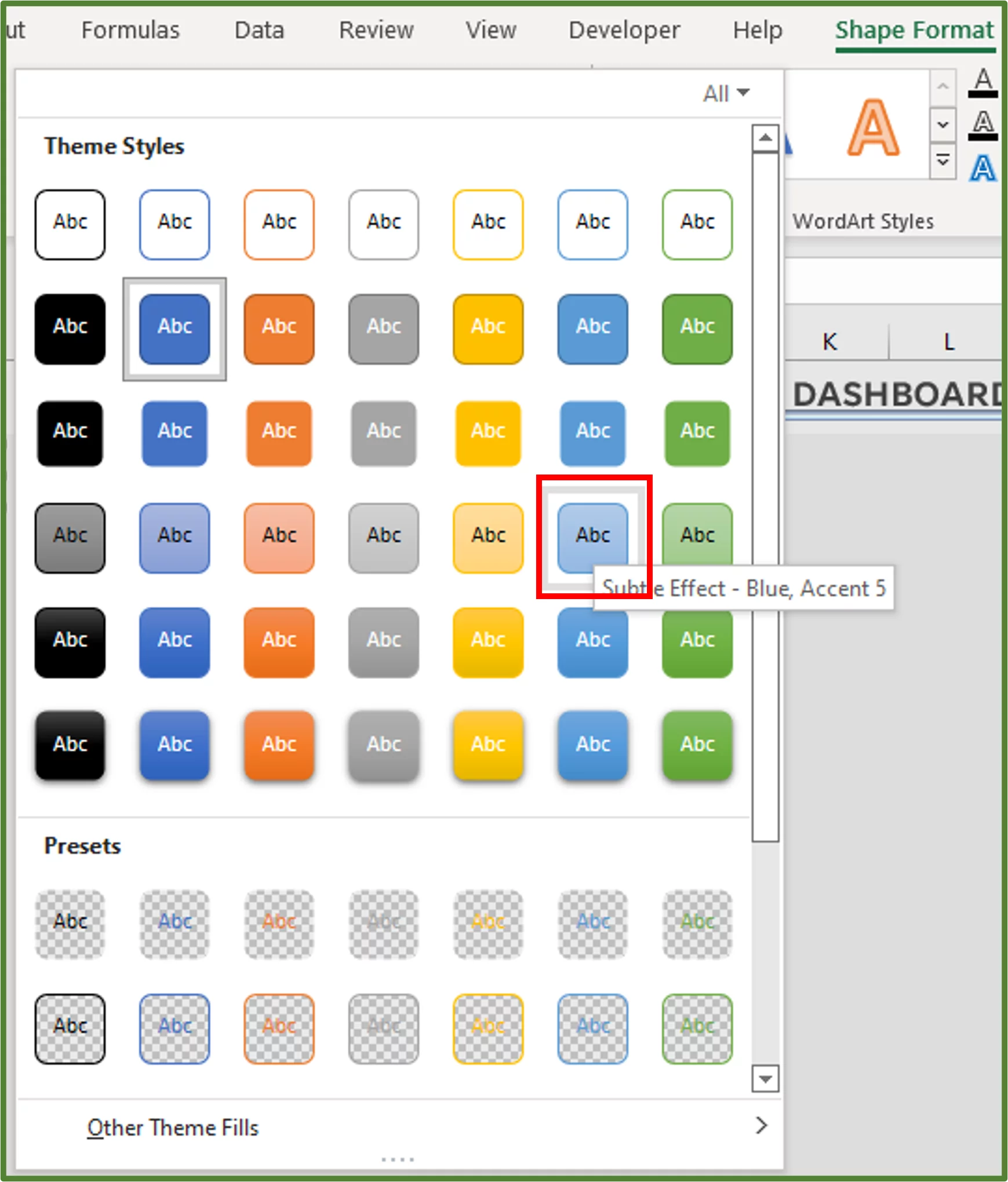 Screenshot showing the Subtle Effect - Blue, Accent 5 Theme Style.