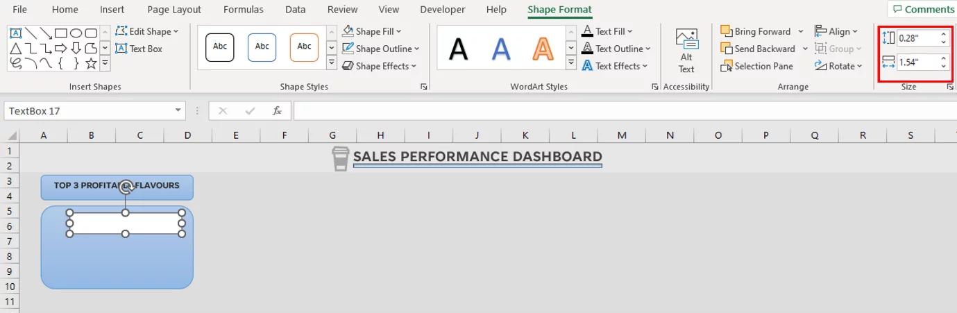 Screenshot showing the dimensions of the Text box highlighted.