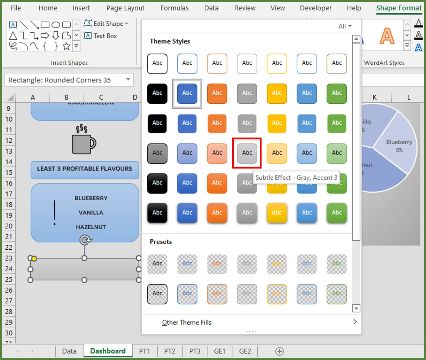 Screenshot showing the Subtle Effect – Gray, Accent 3 Theme Style, highlighted.