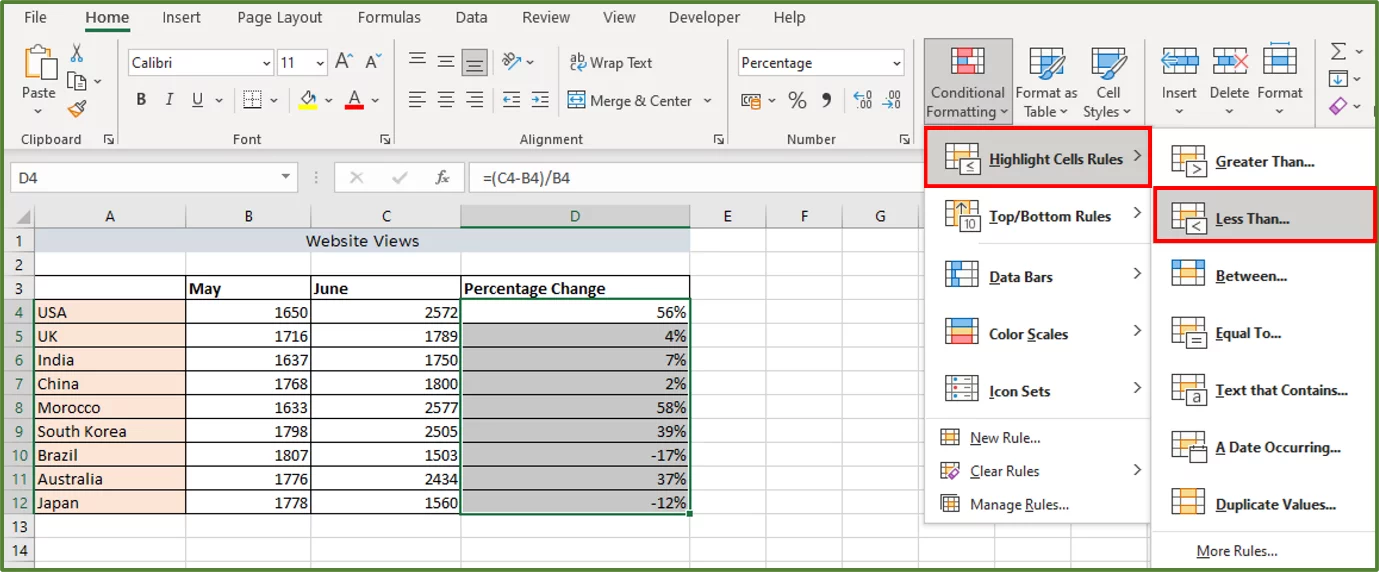 Screenshot showing the Highlight Cells Rules and the Less Than... options, highlighted.