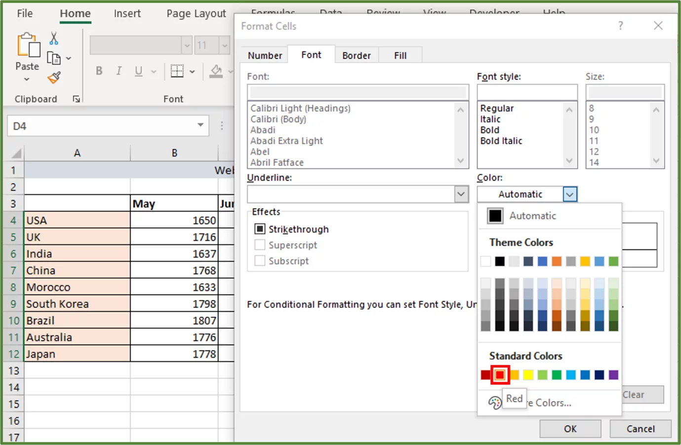 Screenshot showing the Red option, highlighted.