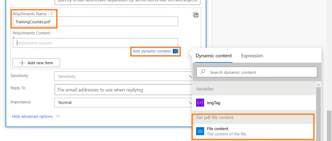 Now in the Send an email (V2) action, in the attachment section