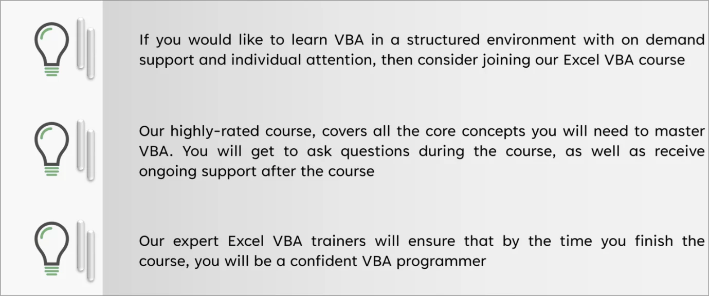 Graphic detailing the reasons to join the Acuity Excel VBA courses.
