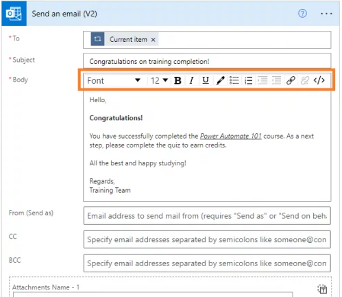 tool pane available in the Body section where we can do some basic formatting to the email body