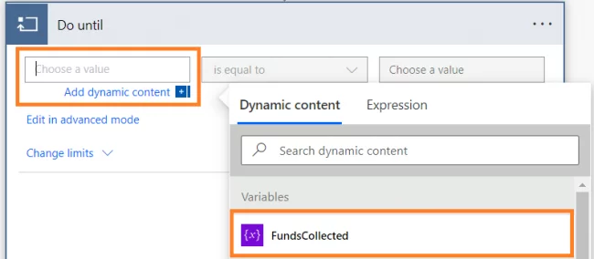 configure the condition in the Do While loop action