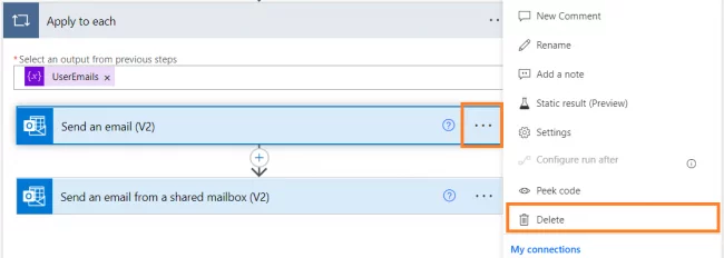 we can delete the Send an email (V2) action. Click on the ellipsis icon and click on Delete.