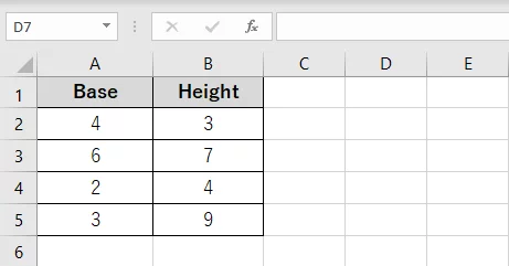 Datapoints for the area of a triangle