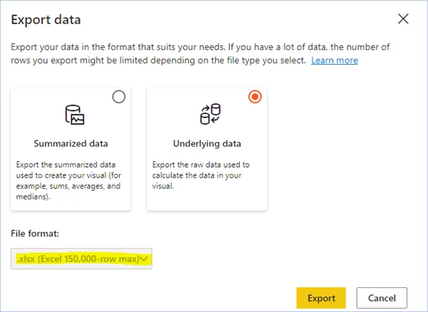 Export data dialogue box with underlying data selected.
