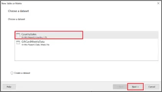 Dialogue box to select the dataset to be used in the table.