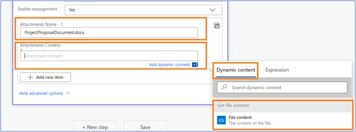 Attachments name and content boxes highlighgted. Dynamic content tab and file content option highlighted.