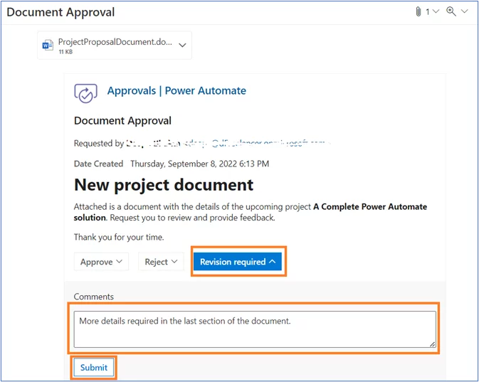 Revision required button selected. Comments field and submit button.