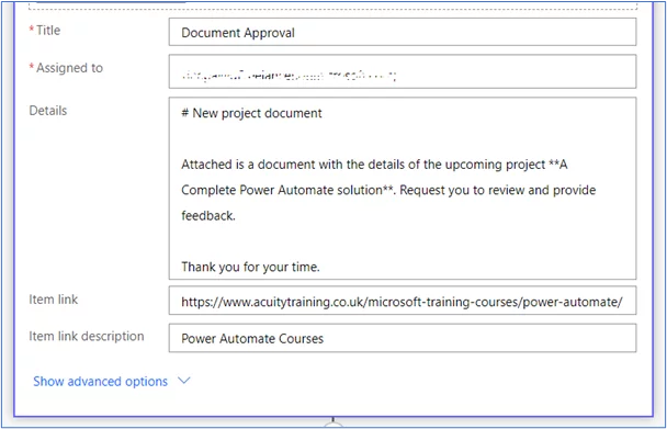 Options: title, assigned to, details, item link, item link description.