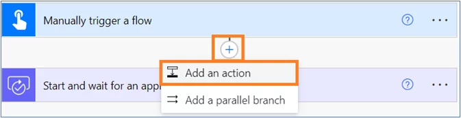Plus button highlighted. Context menu: add an action highlighted.