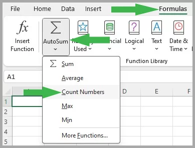 Screenshot showing where to find the Count function in Excel
