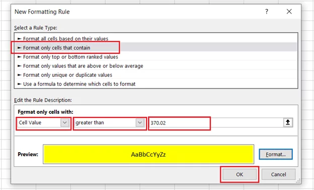 setting the rule to greater than 370.02