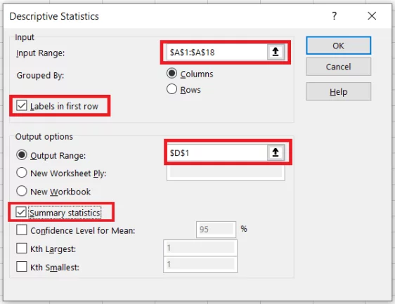 Descriptive statistics dialogue box