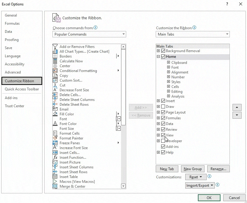 A gif showing how to navigate to the developer tab within Excel