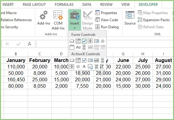 Developer tab, Insert button highlighted showing the options.