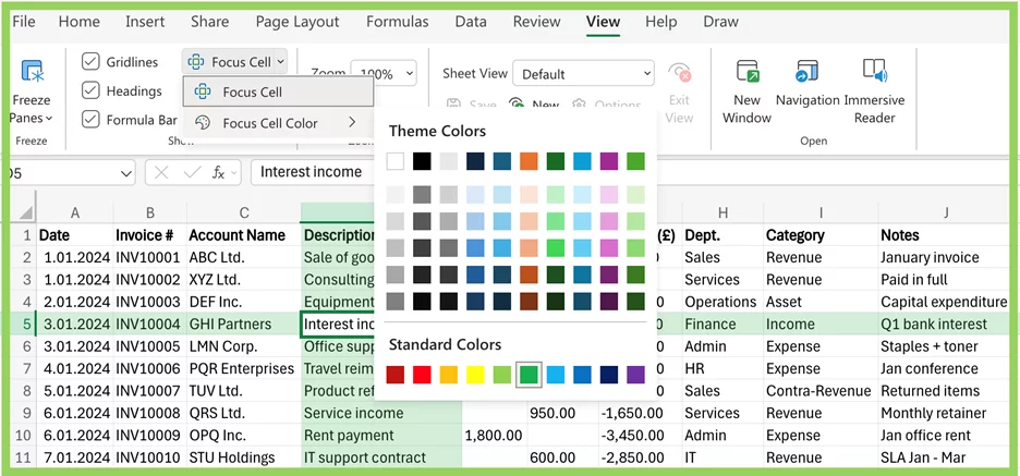 Excel interface showing View tab with Focus Cell enabled
