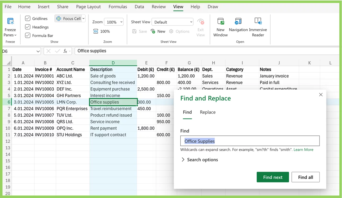 Excel Find & Replace showing match in cell D6 with focus cell highlight and active row/column visible