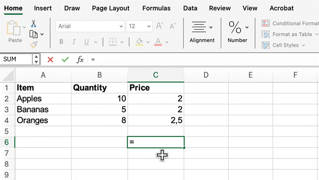 Gif showing the sumproduct function in action