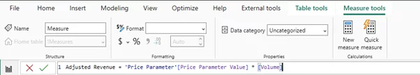 The written out DAX formula in the formula bar