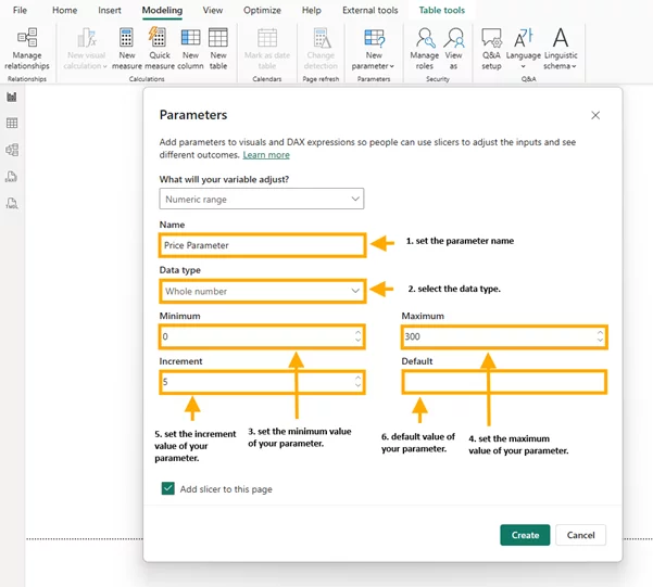 Annotated screenshot of what to fill in each parameter text box