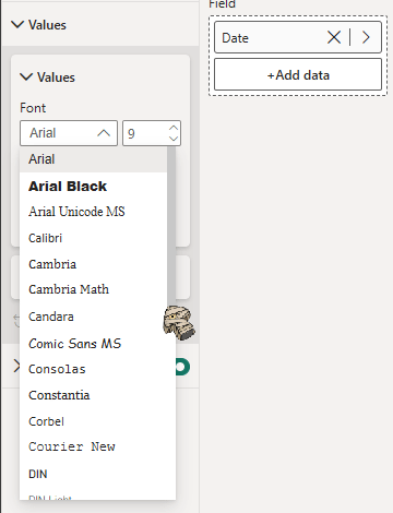 A GIF showing the default fonts available in Power BI