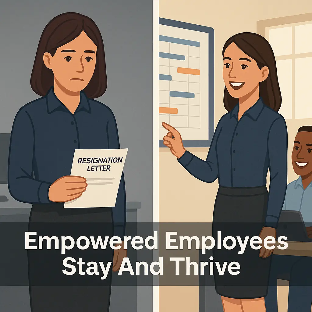 A cartoon that shows the same employee in two settings, one looking defeated and holding a resignation letter, and another looking engaged in active problem solving