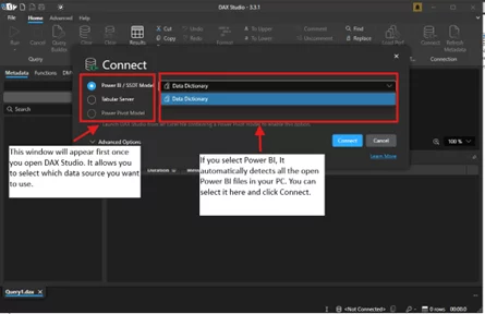 Annotated screenshot of how to connect DAX to your Power BI file