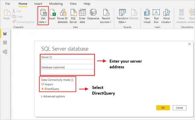 Power BI screenshots with highlights on where to enter server address and select DirecrQuery