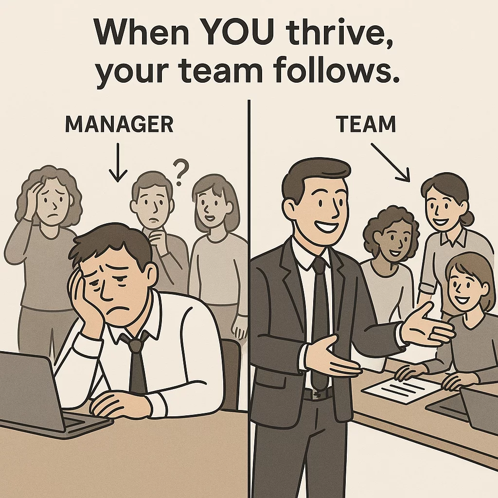 A cartoon showing the positive effect a motivated manager has