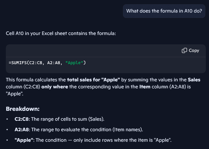Shows Copilot being used for Excel, understanding formulas