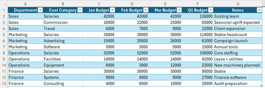 Our raw data set of financials across different months